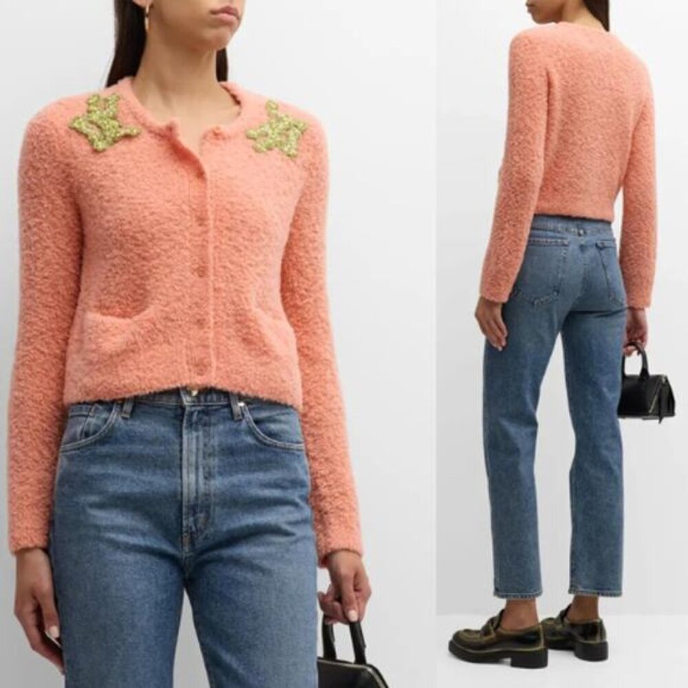 NWT Lingua Franca Nala Beaded Boucle-Knit Button-Down Cardigan Size: Large - Picture 2 of 12